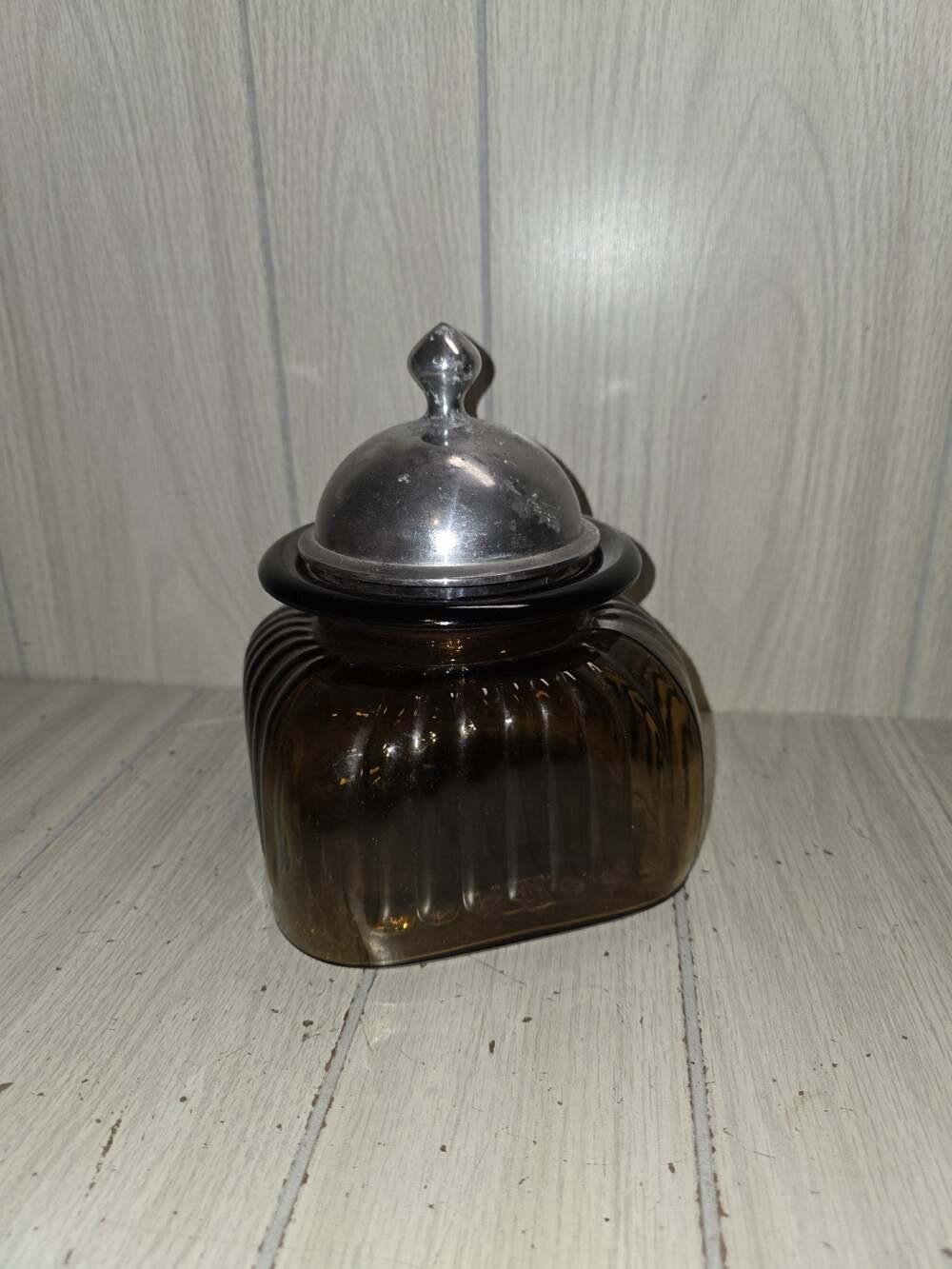 Vintage Artland Ribbed Glass Canister Jar 10” Amber Brown Pewter Lid Apothecary